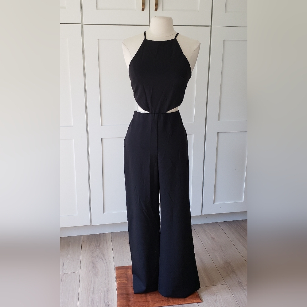 H&M Halter Flare Jumpsuit Pant XS Black Elegant Sleeveless Cocktail Sexy Cut-out